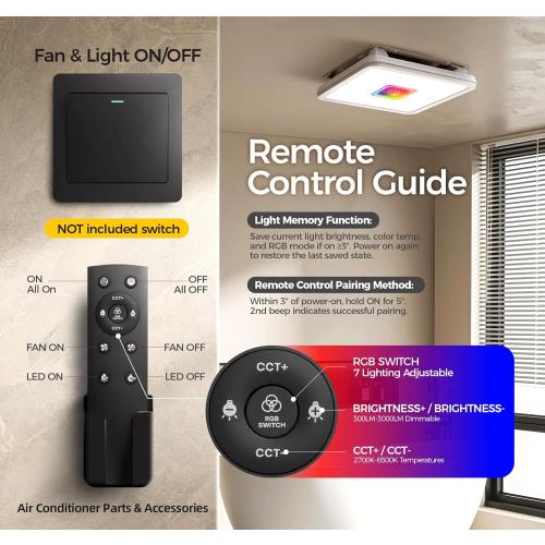 Exhaust Fan with Light & Remote, AC Moter Fans Air Quality Booster,7 RGB Light & Nightlight 3000LM 5 CCT 2700K-6500K Dimmable LED 130 CFM 1 Sone,Memory Function,Bathroom Fans for Ceiling 126B