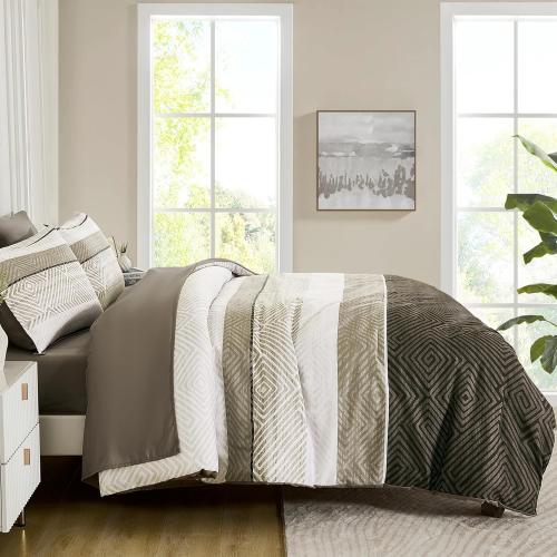 Drucon Brown Comforter Set King Size 7 Piece Bed in a Bag Striped Bedding Set Soft Microfiber Comforter and Sheet Set for All Season (King, 104x90)