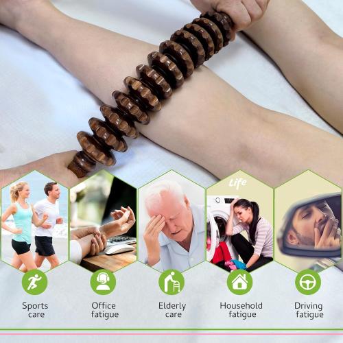 Wooden Curved Handheld Roller Stick Massager - 12 Rollers Wood Therapy Tool for Trigger Point, Fascia & Cellulite Reduction, Lymphatic Drainage, Muscle Tension Relief & Body Shaping (Brown)