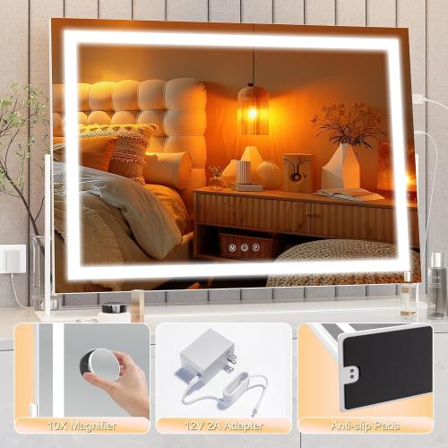 Hasipu Vanity Mirror with Lights, 28 x 20 LED Makeup Mirror, Light up Mirror with 10X Magnification and Phone Holder, USB Charging Port, Smart Touch 3 Colors Dimmable, 360° Rotation (White)