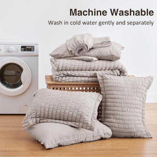 Love's cabin Seersucker Burlwood Queen Comforter Set 7 Pieces, Queen Bed in a Bag, All Season Bedding Set with Comforter, Flat Sheet, Fitted Sheet, Pillowcase and Pillow Sham