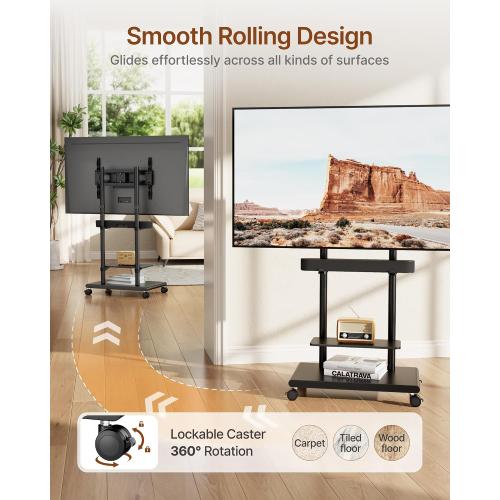Rolling TV Stand with Soundbar Mount for 37-75inch TVs up to 154lbs | Swivel&Tilt Mobile TV Stand with Large Storage,Height Adjustable,Steel Base,Max VESA 600x400mm,Sturdiness,Easy Assembly,Black
