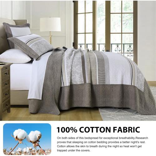 Color Grey 3 Piece King Bedspreads - 100% Cotton Oversized King Quilt with 2 Pillow Shams, Farmhouse Lightweight Stripe Bedspread Coverlet Sets, Brown/Gray/Beige