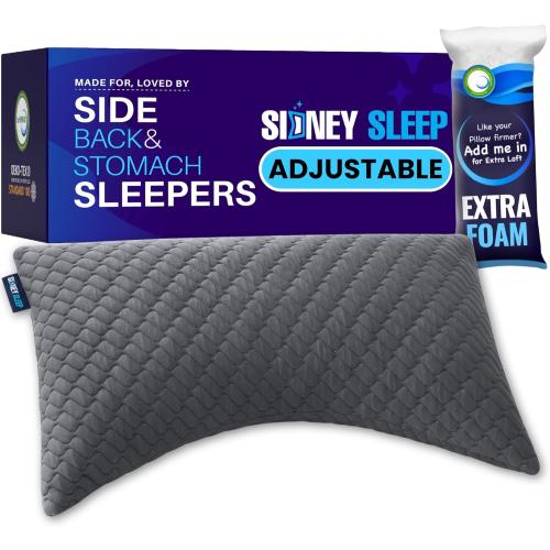 Sidney Sleep Bed Pillow for Side and Back Sleepers - Adjustable Filling - Memory Foam Pillow for Neck and Shoulder Pain - Customizable Loft - Queen Size - Additional Foam Bag Included (Grey)