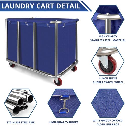 Commercial Laundry Cart with Wheels,11.35 Bushel Large Industrial Laundry Hamper,Industrial Laundry Cart with Stainless Steel Frame and Waterproof Oxford Cloth,440Lbs
