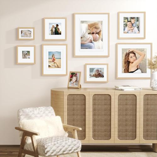 8x10 Picture Frames Matted for 5x7 and 6x8 Picture, Solid Wood with Oak Wood Grain, Double Mats Photo Frame with Tempered Real Glass Fits 3 sizes, Tabletop or Wall Mounting Display, Oak