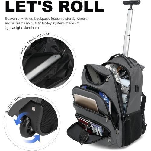 Boavan Rolling Backpack,17 inch Water Resistant Wheeled Backpack,Carry on Luggage Business Bag, Overnight College Computer bag Trolley Suitcase for Men Women Adults to Travel，Grey