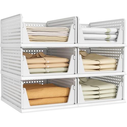 Pinkpum 6 Pack Closet Organizers Storage Box, Stackable Plastic Drawer Basket for Clothing, Stackable Storage Bins Shelf Storage Container for Closet Wardrobe Bedroom Bathroom Office White