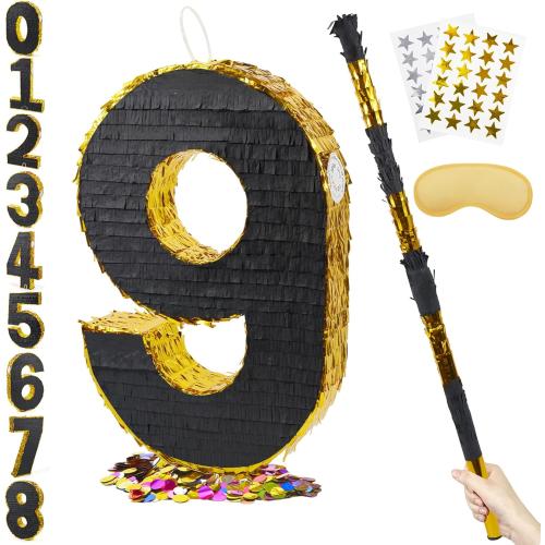 PCFING 20 Inch Number 9 Piñata Gold Black with 30 Inch Piñata Stick Blindfold Confetti for Man Women Boys Girls Birthday Party Decorations, Anniversary Celebration, Fiesta