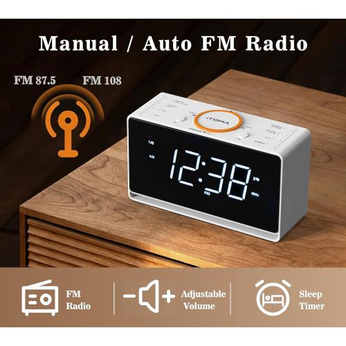 iTOMA Alarm Clock Radio, 1.4 White LED Display Clock with Bluetooth, FM Radio, Dual Alarm, Sleep Timer, Snooze, Auto & Manual Dimmer, USB Charger and Night Light CKS718