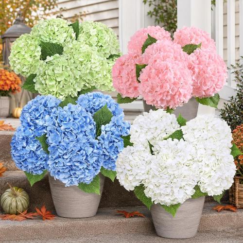 3Pcs Real Touch Hydrangea Artificial Flowers, 21 Fake Flowers, Light Green