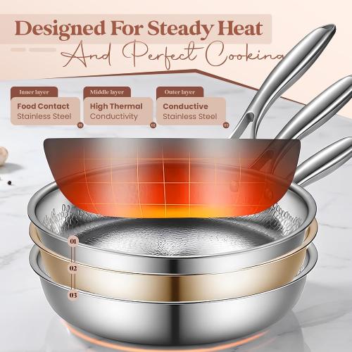 Titanium Frying Pan, Hammered Non-Stick Skillet with Glass Lid & 4 Spatulas, PFAS/PFOA/PTFE-Free, Tri-Ply Stainless Steel, Induction & Oven Safe, Dishwasher Safe Cookware