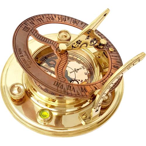 Brass Nautical - Antique Brass & Copper Sundial Compass, Sundial Clock in Box Gift Sun Clock Ship Replica Watch