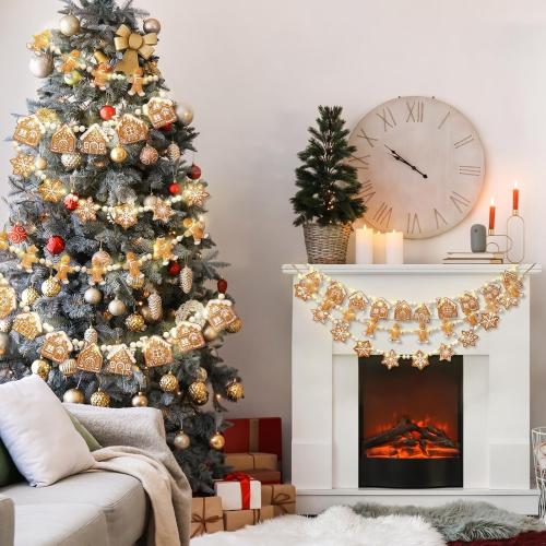 Youyole 3 Pcs Wooden Gingerbread Garland Banner LED Christmas Wooden Bead Gingerbread Man House Snowflake Decoration 5.9 ft Rustic Hanging Banner for Mantel Fireplace Holiday Room Wall Decoration