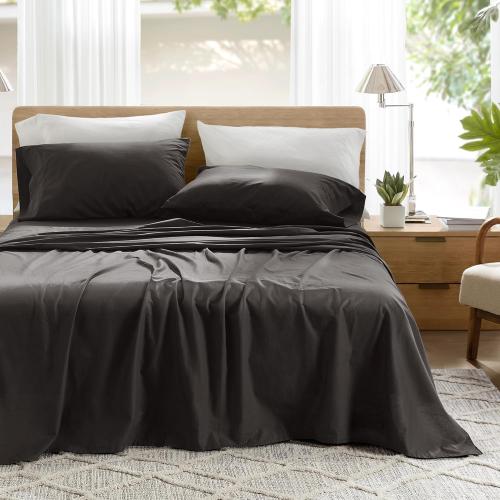 Comfort Spaces 100% Cotton Sheets King, Breathable & Ultra Soft Cotton Sheets, Naturally Cool Cotton Bed Sheets with 14 Elastic Pocket Fits up to 16 Mattress, All Season Sheet Set, Black 4 Piece