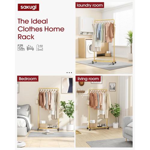 Clothes Rack - Clothing Rack with Storage Mesh Shelf & Casters, Heavy-Duty Metal Clothing Rack for Hanging Clothes, Dresses, Coats, Large Load Capacity, Easy Assembly, Gold, 28.0x16.9x59.0