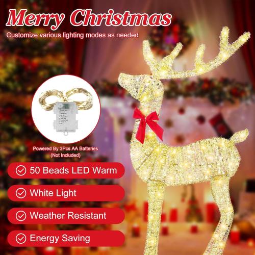 Lighted Christmas Reindeer Decoration, 3 Piece 2D Lighted Christmas Deer Family Set with 8 Lighting Modes, Outdoor Deer Decorations for Yard Patio Lawn Garden Party
