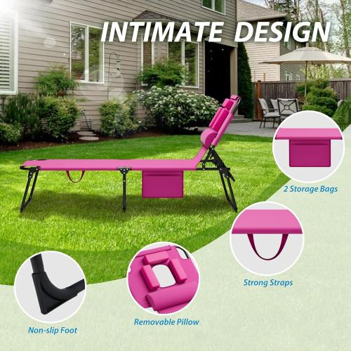 400lbs Tanning Chair with Face Hole, 5-Position Folding Chaise Lounge Chair with Side Pockets, Portable Beach Lounge Chair for Outdoor Sunbathing Patio Pool Lawn, Pink