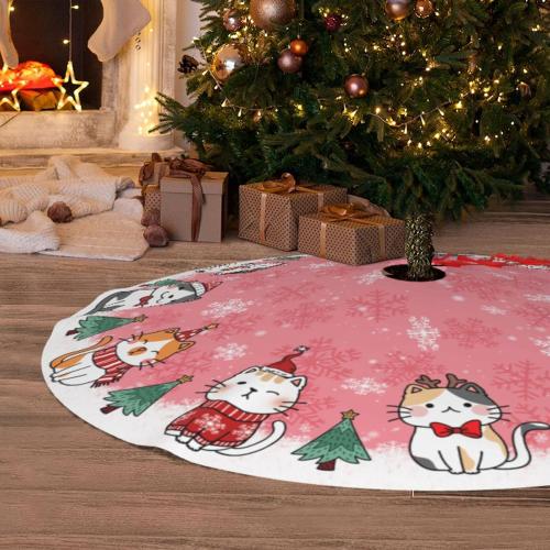 Cute Christmas cat Tree Skirt Xmas Tree Mat Christmas Tree Ornaments Decorations Holiday Party Indoor Outdoor 30