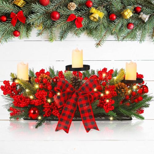 Christmas Centerpiece with 3 Candle Holders 3 LED Candles 1 String Lights Xmas Triple Candelabrum Poinsettia Red Buffalo Plaid Bow Berry Pine Cones with 3 Candle Holders for Tables Home Decorations