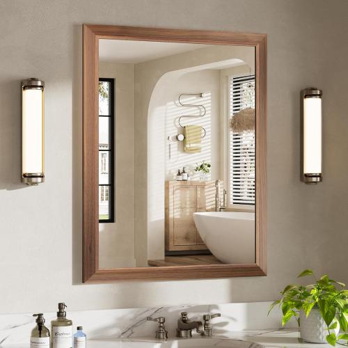 28x36 Inch Bathroom Mirror for Wall, Anti-Rust Walnut Wood Grain Metal Framed Bathroom Mirrors for Over Sink,Rectangler Mirrors for Bathroom Vanity, Farmhouse, Bedroom, Living Room, Entryway Decor