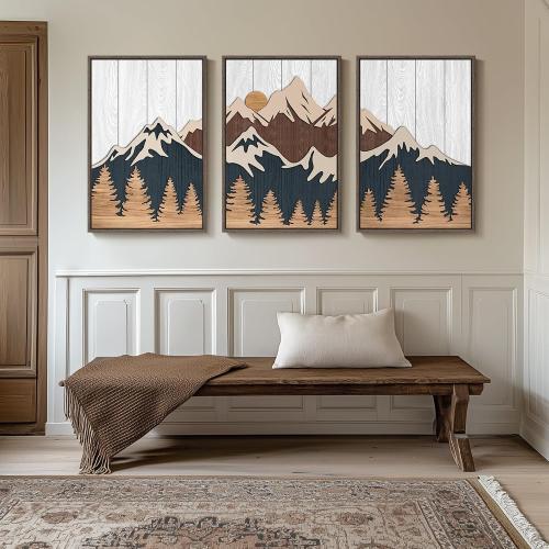 Framed Textured Wood Mountain Wall Art for Living Room, Large 3 Piece 3D Wood Farmhouse Artwork for Walls, Boho Landscape Mountain Forest Sun Wall Art Decor for Bedroom Office Hallway, 24x36 Inch