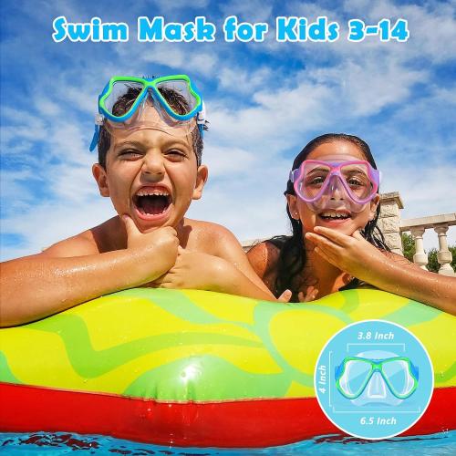 Freela Kids Swim Goggles Mask Tempered Glass Lens 180° View with Nose Cover