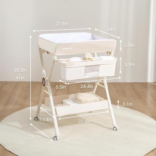 Maydolly Changing Table，Portable Diaper Changing Station, Foldable Baby Changing Table,Compact Nursery Diaper Changing Table for Baby，Adjustable Height，Mobile on Wheels (Beige)