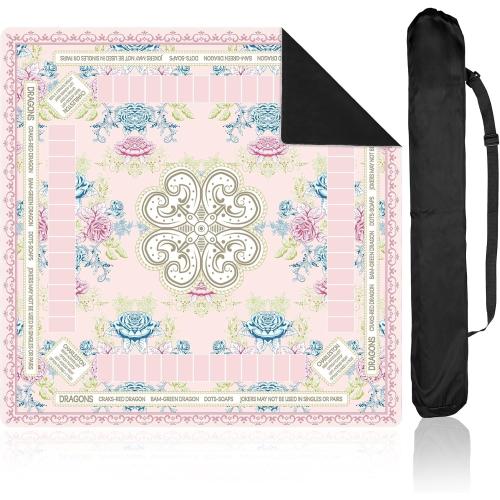 party greeting Chinoiserie Mahjong Mat with Black Carrying Bag 31.5 x 31.5 in Multi Purpose Game Table Cover Anti Slip and Noise Reduction for Mahjong Poker Board Card Dominoes Games(Pink Blue Green)