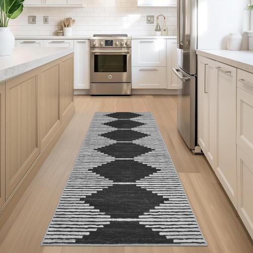 Size 2x6 Color Grey Hallway Runner Rug，2x6 Moroccan Modern Stripe Carpet Washable Machine Bathroom Runner Bohemian Design Modern Soft Non Slip Indoor Rug for Entryway Hallway Laundry Room Bedroom-Black