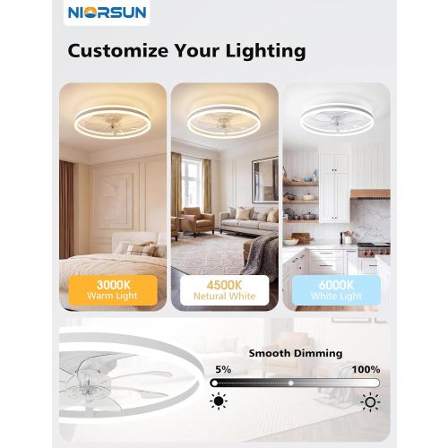 RGB Ceiling Fan with Light and Remote,24 Fandelier Smart Ceiling Fan,White | Low Profile Ceiling Fan with Light, Dimmable Flush Mount Ceiling Fan, Modern Bladeless Ceiling Fan, 6 Speeds Ceiling Fan RGB