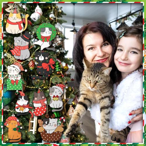 Spiareal 40 Pcs Christmas Cat Ornament Set Xmas Decor Tree Hanging Cat Wooden Holiday Decoration Ornaments for Christmas Tree Outdoor Hanging (Cute)