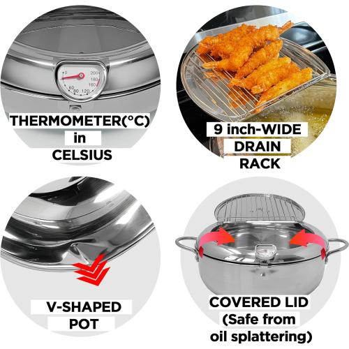 Deep Fryer Pot (°C), 11/4.4Qt (4.2 L) Extra Large Tempura Frying Pot with Lid, 304 Stainless Steel Fry Pot with Temperature Control and Oil Drip Drain Rack