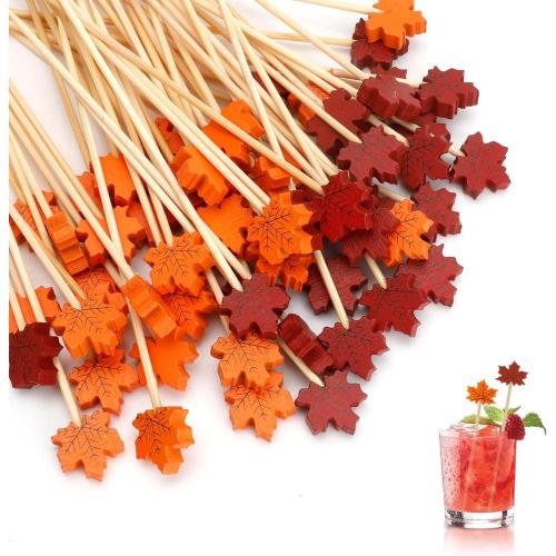 Fall Thanksgiving Cocktail Picks, 200 Pcs Maple Leaves Cocktail Toothpicks, Fancy Bamboo Toothpicks Skewers for Appetizers Charcuterie Food Fruit Drinks AutumnThanksgiving Themed Party Decor Supplies