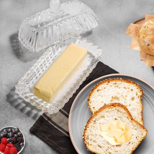 Clear Glass Butter Dish with Lid - Covered Butter Container Holder Keeper Tray Plate for Kitchen,Tabletop Countertop & Refrigerator | Safe Holds 1 Standard 4oz Butter Sticks