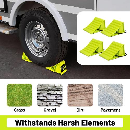 ROBLOCK 4 Pairs Wheel Chocks for Travel Trailers, Non Slip Base Heavy Duty Green Camper Wheel Chockwith Rope, Lightweight Wheel Stoppers for Cars, Camper Trucks, RVs, Easy to Carry, Green