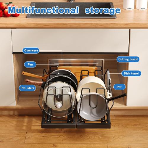 2 Pack Pots and Pans Organizer Under Cabinet, 21.6 Deep Pull Out Pot Lid Organizer Holder with Guardrail Adhesive Pot and Pan Holder Rack with 10 Adjustable Dividers(Black)