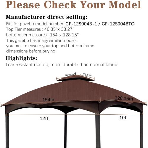 Color Brown SCOCANOPY Brown Ripstop Replacement Top for Lowe's Allen Roth 10X12 Gazebo Model #GF-12S004B-1/ GF-12S004BTO