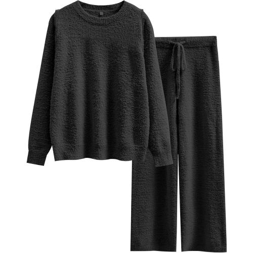 ANRABESS Women's Fuzzy  Pajama Sets 2 Piece Outfits Long Sleeve Top Wide Leg Pants Lounge Matching Set 2025 Fall Winter size XS