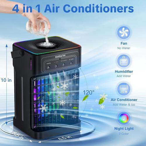 Portable Air Conditioners, 2026 Upgraded 4-IN-1 Quiet Portable AC Unit with Remote, 1100ML Tank Evaporative Air Cooler, 7 Color Light Personal Mini Air Conditioner