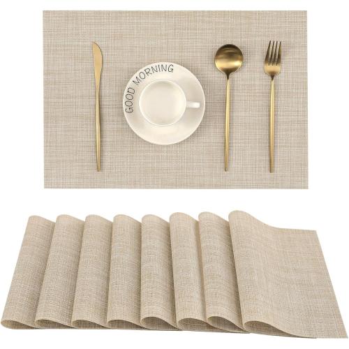 Leetaltree Beige Placemats Set of 8 - Heat Resistant Non-Slip Place mats for Dining Table, Washable Durable PVC Vinyl Woven Table Mats（Beige, 8）