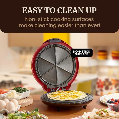 Elite Gourmet 10.65 Cheesy Quesadilla Maker, 2-Position Locking Latch, Red