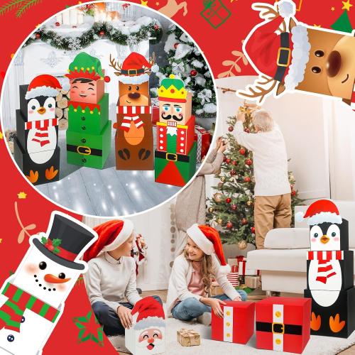 Moinchore 24 Pcs Christmas Gift Boxes Stackable Xmas Decorative Large Snowman, Reindeer, Santa, Nutcracker, Cardboard Nesting Decorations Stacking for Tree Decor