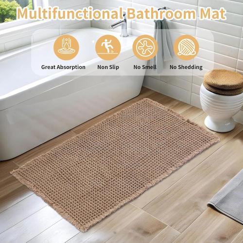 Hughapy Waffle Bath Mats, Boho Bathroom Rugs, Upgraded Waffle Design Super Absorbent, with Fringe and Back Rubber Non-Slip Carpet, Ultra Soft Machine-Washable Bathroom Mat (Brown, 18 x 30)
