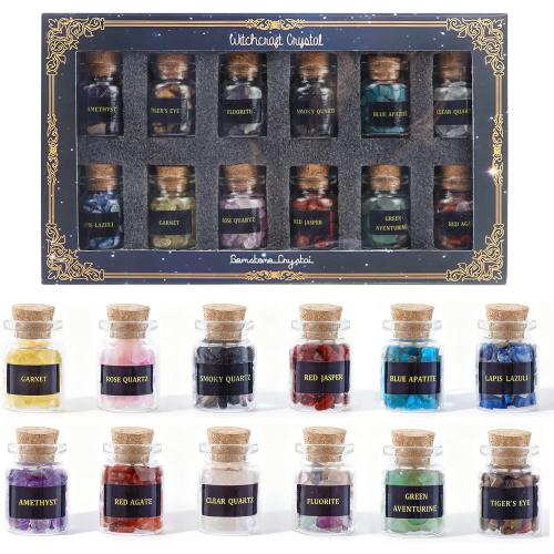 12 PCS Crystals and Healing Stones - Healing Crystal Chips in Jar Witch Stuff Witchcraft Supplies Reiki Crafts for Meditation Therapy Energy Clearing Witch Gift for Beginners