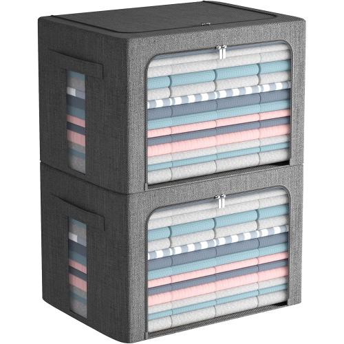 Extra Large Clothes Storage Bins Foldable Metal Frame Storage Box Stackable Linen Fabric Box Organizer Set with Carrying Handles and Clear Window -100L (Gray, 23.6x 16.5x 15.7 Inch)