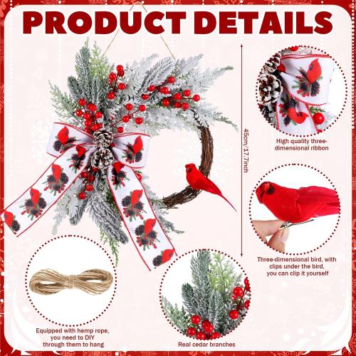 Hoteam 16 Inch Christmas Wreaths for Front Door Cardinal Christmas Ornaments Xmas Winter White Red Bird Berry Clusters Pine Cones Decor for Xmas Holiday Indoor Outdoor Home Window Gift