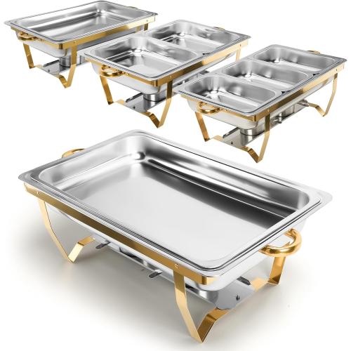 Chafing Dishes for Buffet, 4 Pack Chafing Dish Buffet Set, 9QT Elegant Gold Colors Stainless Steel with Folding Frame Chafing Dish Buffet Set, Food Warmers for Parties, Weddings, Holiday Parties, etc