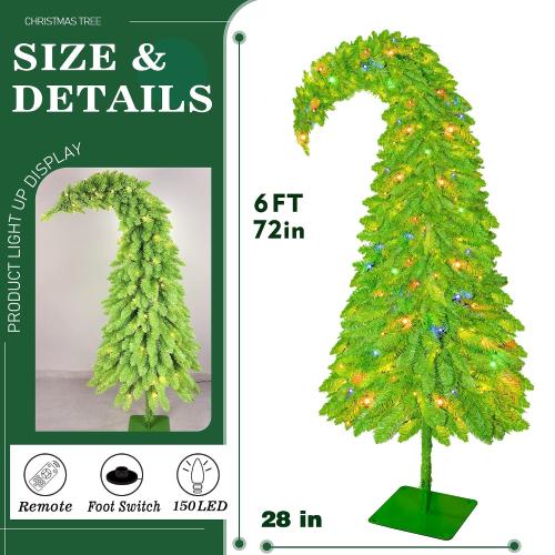 Size 6ft Whimsical Christmas Tree 6FT - Christmas Decorations Timer Remote Control, Foot Switch Device with 150 LED Lights Pre-Lit Artificial Tree Xmas Holiday Decor for Indoor Home Office
