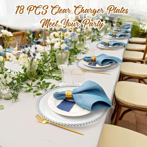 10 PCS Clear Charger Plates with Beaded Rim 13 Inch Plastic Round Charger Plates Bulk for Dinner Home Kitchen Wedding Party Tabletop(Silver)